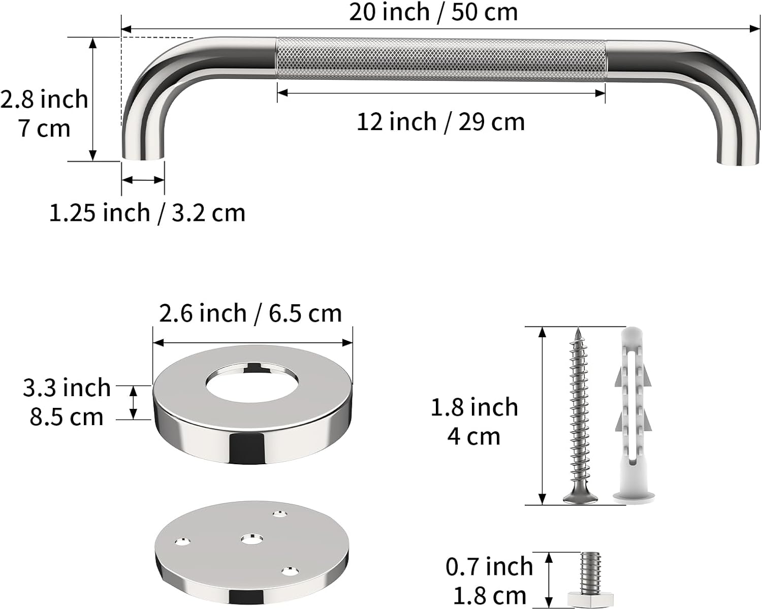40 Inch Brushed Nickel Shower Grab Bar Anti-Slip Knurled Grip,Safety Handle | YuanDe 1.25" Diameter Stainless Steel Bathroom Grab Bars, Handicap Injury Elderly Senior Assist Support Shower Handle-2Packs
