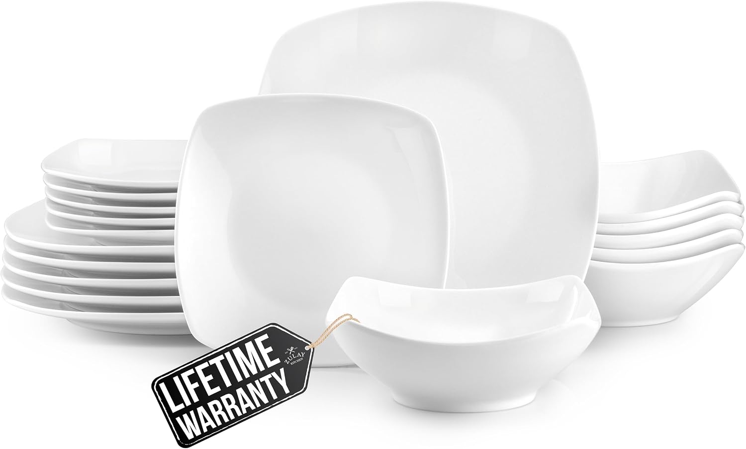 Zulay Kitchen Luna Plates and Bowls Sets, 16 Piece Modern Porcelain Dish Set for 4, Chip and Scratch Resistant Square Dinnerware Set