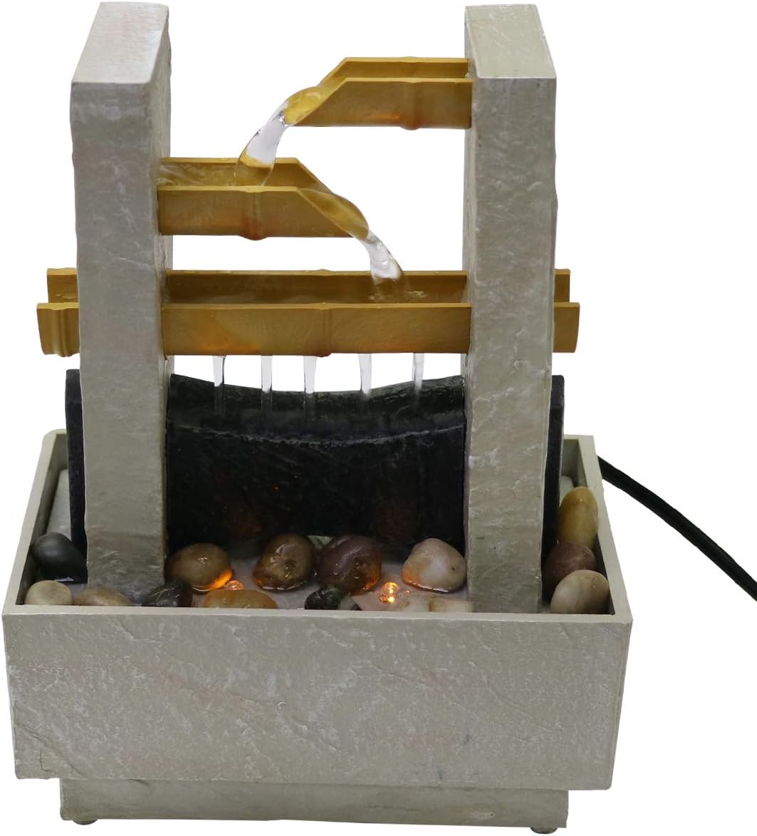 Nature's Mark 8" H Cascading Bamboo Tabletop Water Fountain with Natural River Rocks and LED Lights (Power Cord Attached)