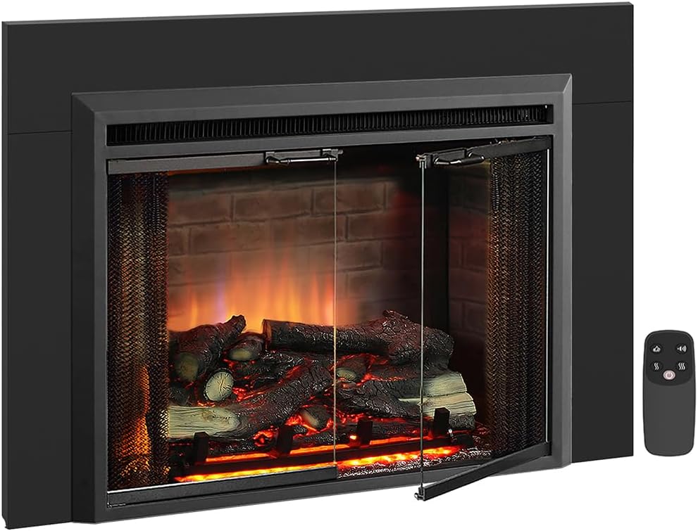 PuraFlame Klaus Electric Fireplace Insert with Fire Crackling Sound, Glass Door and Mesh Screen, 750/1500W, Black, 29 15/16 Inches Wide
