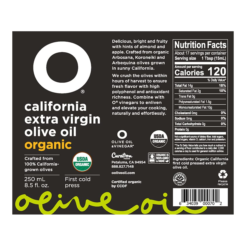 O Olive California Organic Extra Virgin Olive Oil Glass Bottle 8.5 Fl Oz