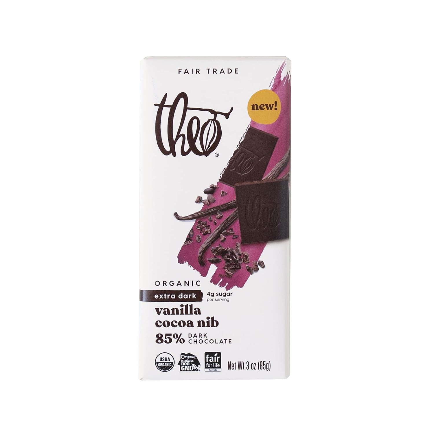 Theo Pure Organic Dark Chocolate Bar, 85% Cacao, 1 Bar | Vegan, Fair Trade