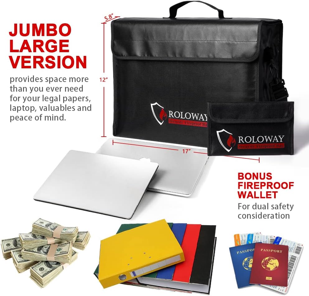 Large (17 x 12 x 5.8 inches) Fireproof Bag, Water Resistant Fireproof Document Bag Safe for Money, Documents and Valuables Storage