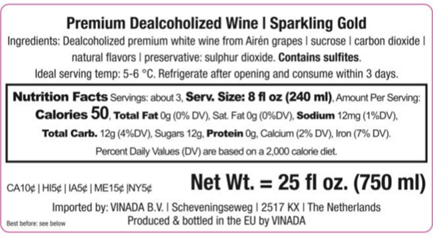 VINADA - Sparkling Gold & Rosé Variety Pack - Zero Alcohol Wine - 750 mL (6 Glass Bottles)