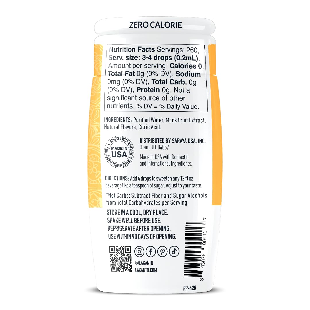 Lakanto Liquid Monk Fruit Extract Drops, Original, 1.76 Fl Oz | Erythritol Free Sugar Substitute Sweetener, For Coffee, Tea, Smoothies, Oatmeal, Yogurt, Cocktails, Zero Sugar, Vegan, Keto