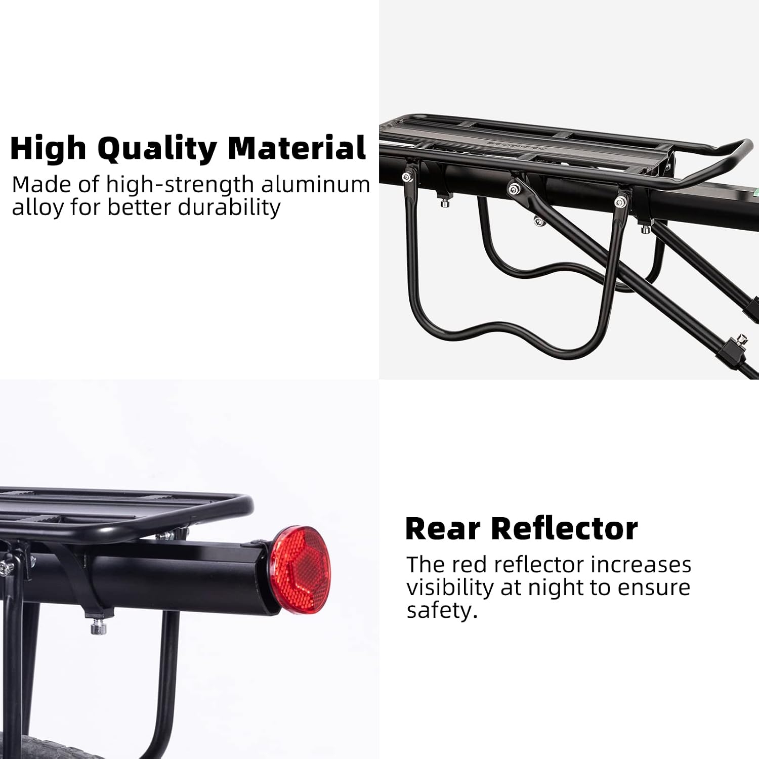 ROCKBROS Rear Bike Rack Quick Release Bike Cargo Rack for Luggage Commuting | Easy to install,heavy duty steel,red reflector,side protection,quick release system,rear back pannier rack with intructions