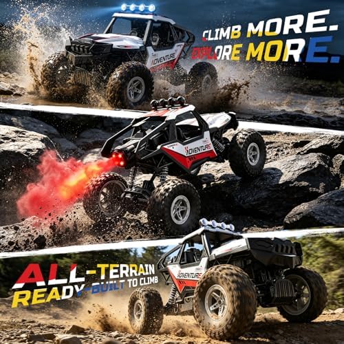 DEERC DE125 1:14 RC Car for Kids,4WD Remote Control Off-Road Monster Truck | RC Rock Crawler with Mist Spray,Metal Shell, LED Lights, 2.4GHz All-Terrain Car, 2 Batteries, Gifts for Beginners and boys