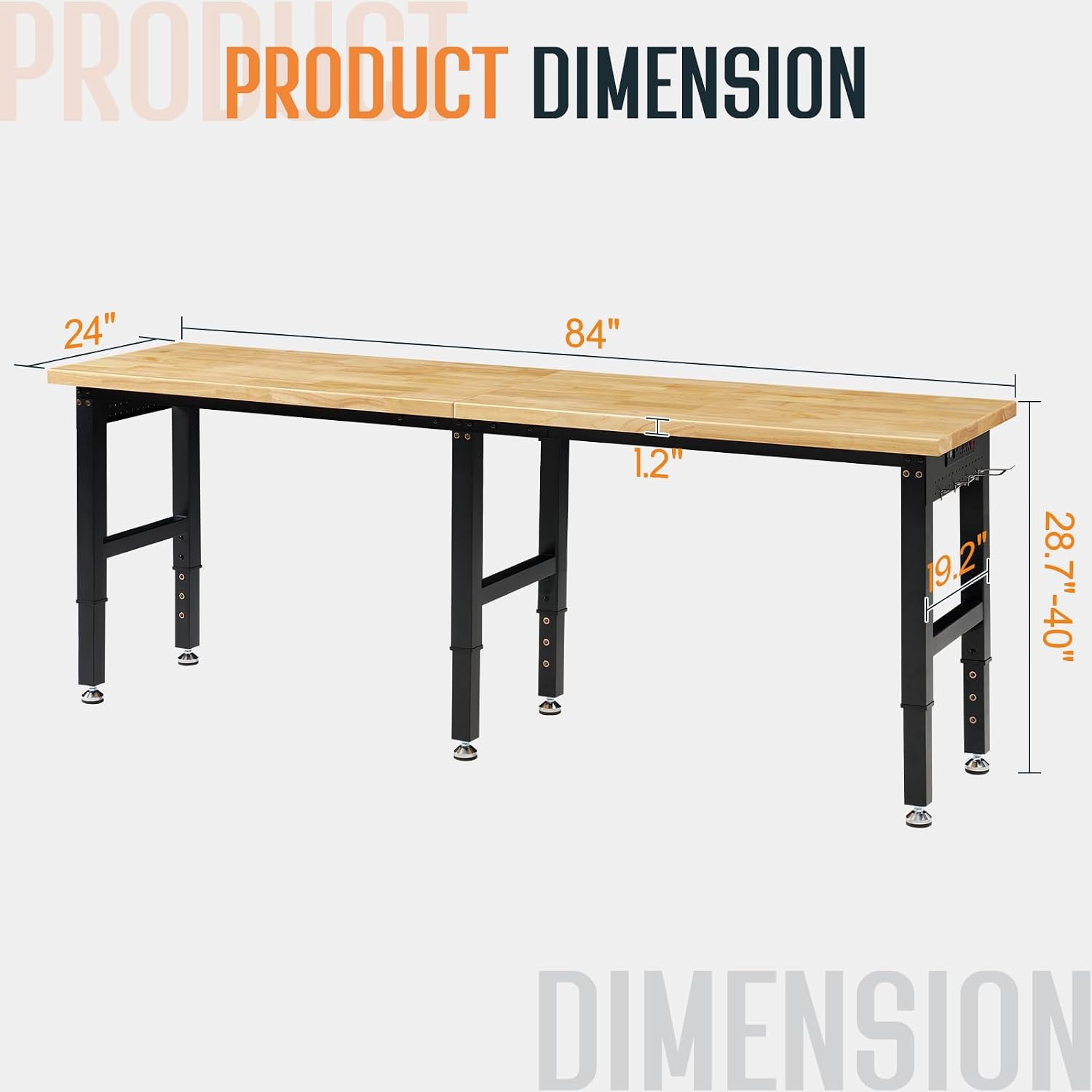 SPECRAFT Adjustable Black Heavy-Duty Workbench | 2000 Lbs Capacity, Rubber Wood Top, 4 AC Outlets and 2 USB Ports, for Garage, Workshop and Office