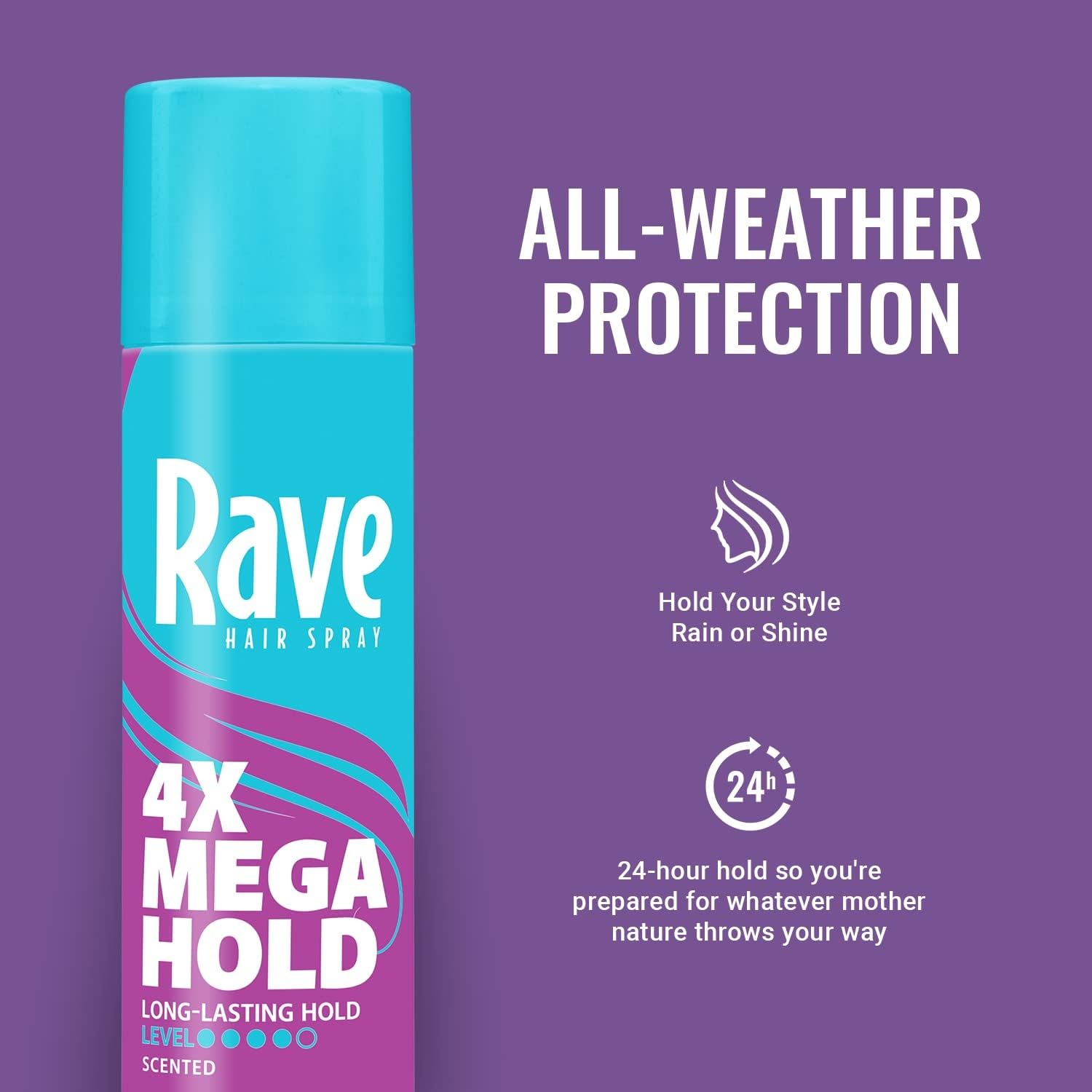 rave 4X Mega Unscented Aerosol Hairspray - Hair Spray for High Humidity Weather - 24-Hour Lasting Hold - Vitamin-Enhanced Hair Volume Spray - 11 oz
