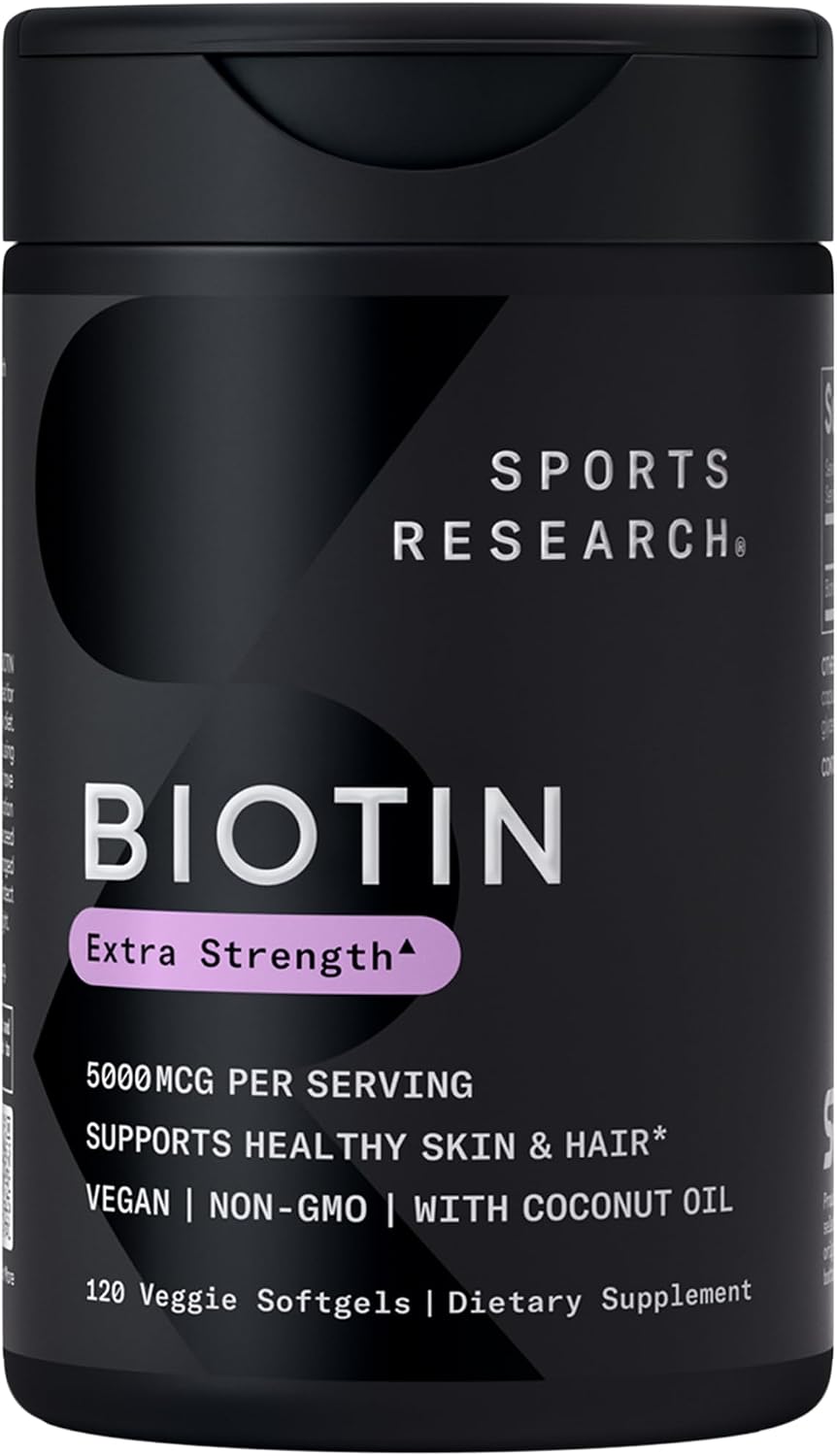 Sports Research® Biotin 10,000mcg w/Coconut Oil, 120 Count Plantgels™ | Max Strength Vegan Biotin (Vitamin B7) for Healthy Skin and Hair Support | Non-GMO, Gluten & Soy-Free, 120 Servings