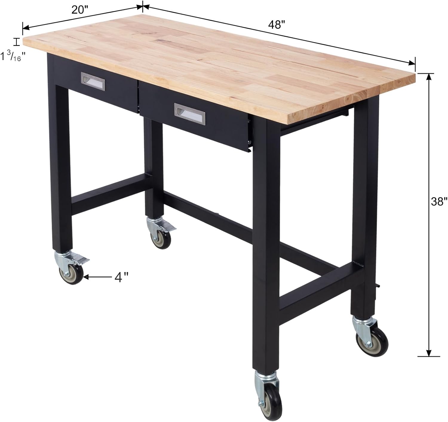 Work Bench, Workbench with Drawer Storage, Heavy Duty Bamboo Wood Work Table with Wheels for Garage Home Office (48 Inch)