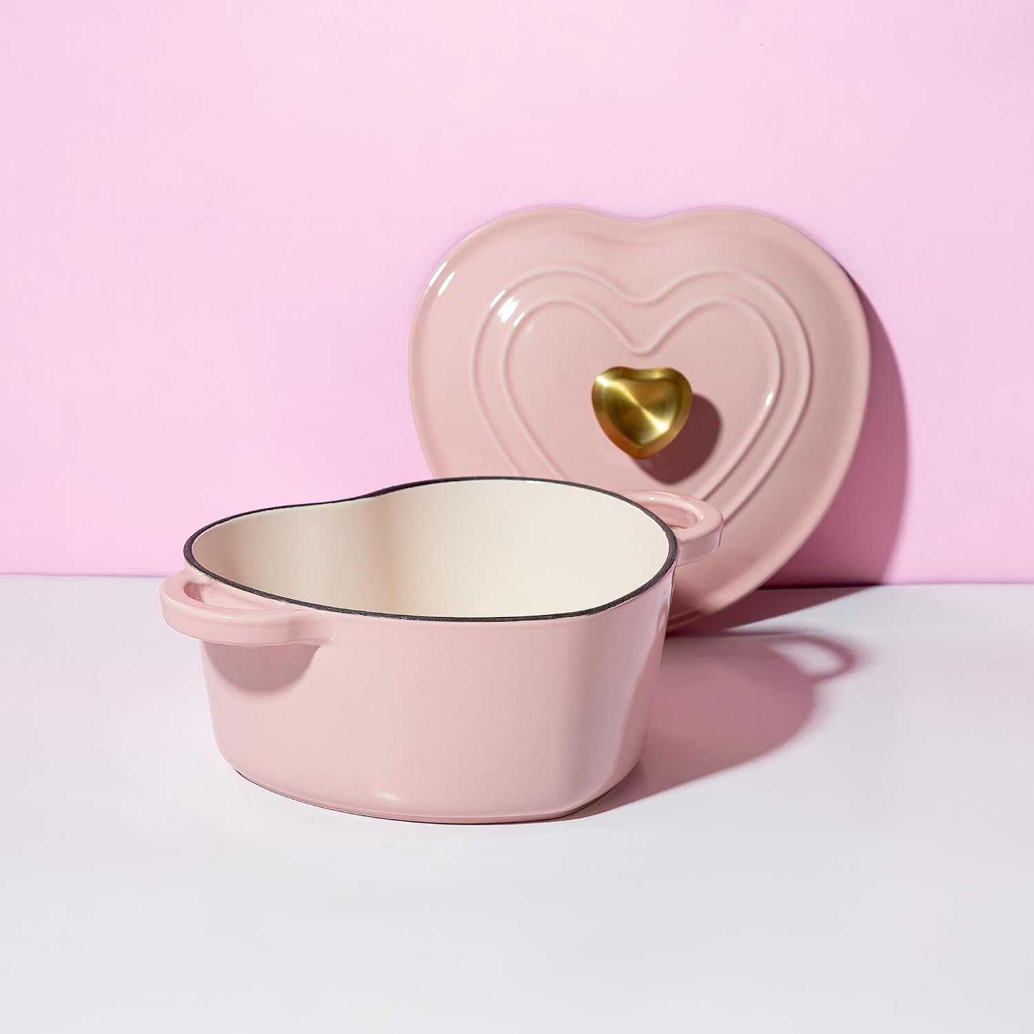 Paris Hilton Enameled Cast Iron Dutch Oven Pot with Lid, Heart-Shaped Dutch Oven, Durable Cast Iron Pot with Dual Handles, Oven Safe to 500°F, Works on All Stovetops, 2-Quart, Cream