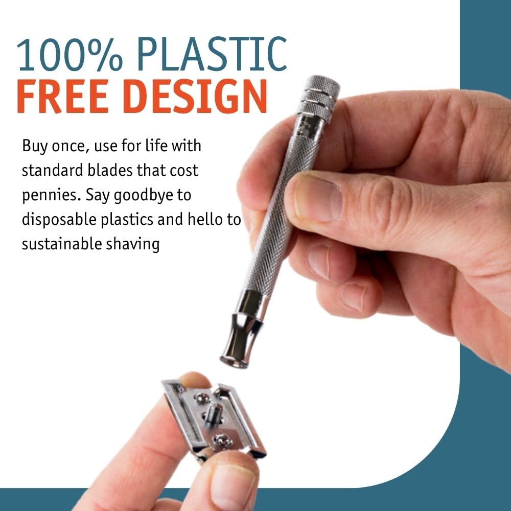 MERKUR 23C Double Edge Safety Razor - Polished Chrome, Long Knurled Brass Handle, Made in Germany, Plastic-Free, Three Piece Design, Closed Comb, Straight Bar
