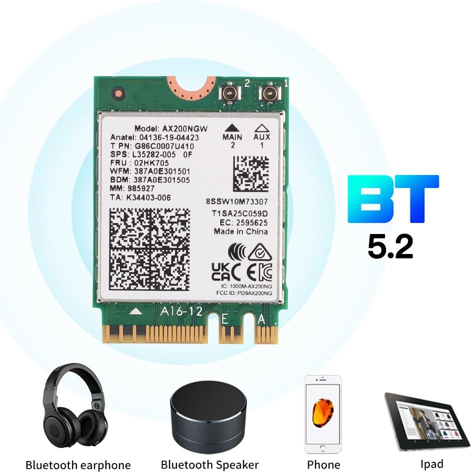 WiFi 6 AX200NGW Laptop Upgrade Card 3000Mbps Bluetooth 5.2 M.2 2230