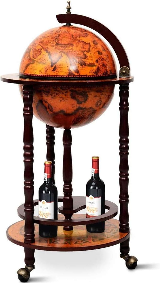 17" Wooden Globe Wine Rack, Wooden Globe Wine Bar Stand, Freely Movable Stable Liquor Bottle Shelf, Nautical Chart Wine Storage Cabinet