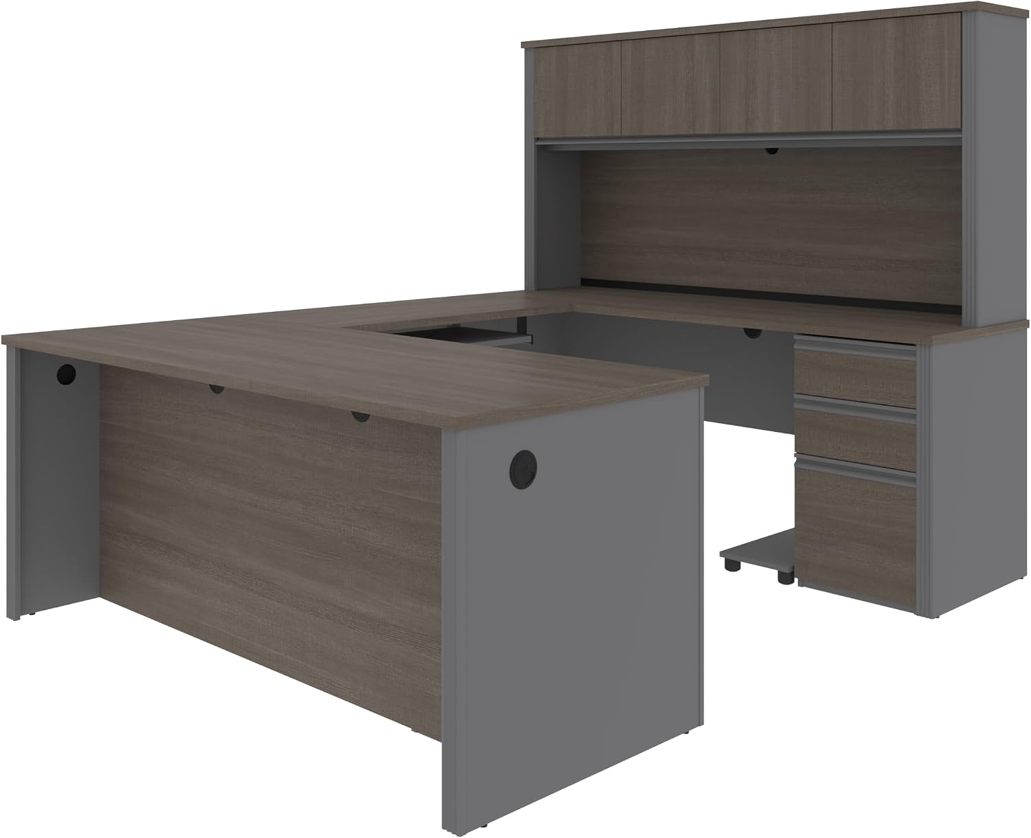 Bestar Prestige + 72W U-Shaped Executive Desk with 2 Pedestals and Hutch in White Chocolate & Antigua | With 2 Pedestals and Hutch; with Narrow Desk Shell, Desk Shell, Desk Bridge, Keyboard Tray, CPU Stand; stands 67 in. tall