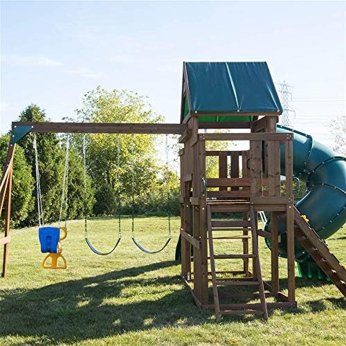 Swing-N-Slide WS 8359 Tellico Terrace Wood Swing Set with Two Slides, Climbing Wall & Swings, Brown