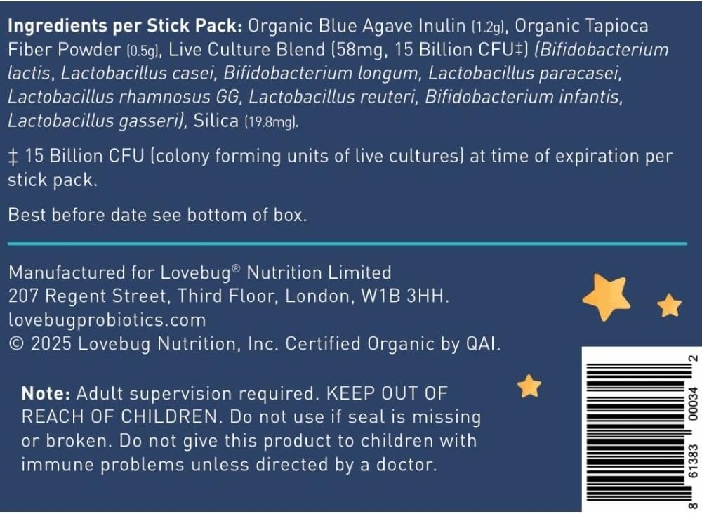 LOVEBUG Award Winning Probiotics | Constipation & Stomach Discomfort | Softer Bowel Movements | Easy-to-Take Powder | Ages 12 Months to 4 Years | 60 Packets