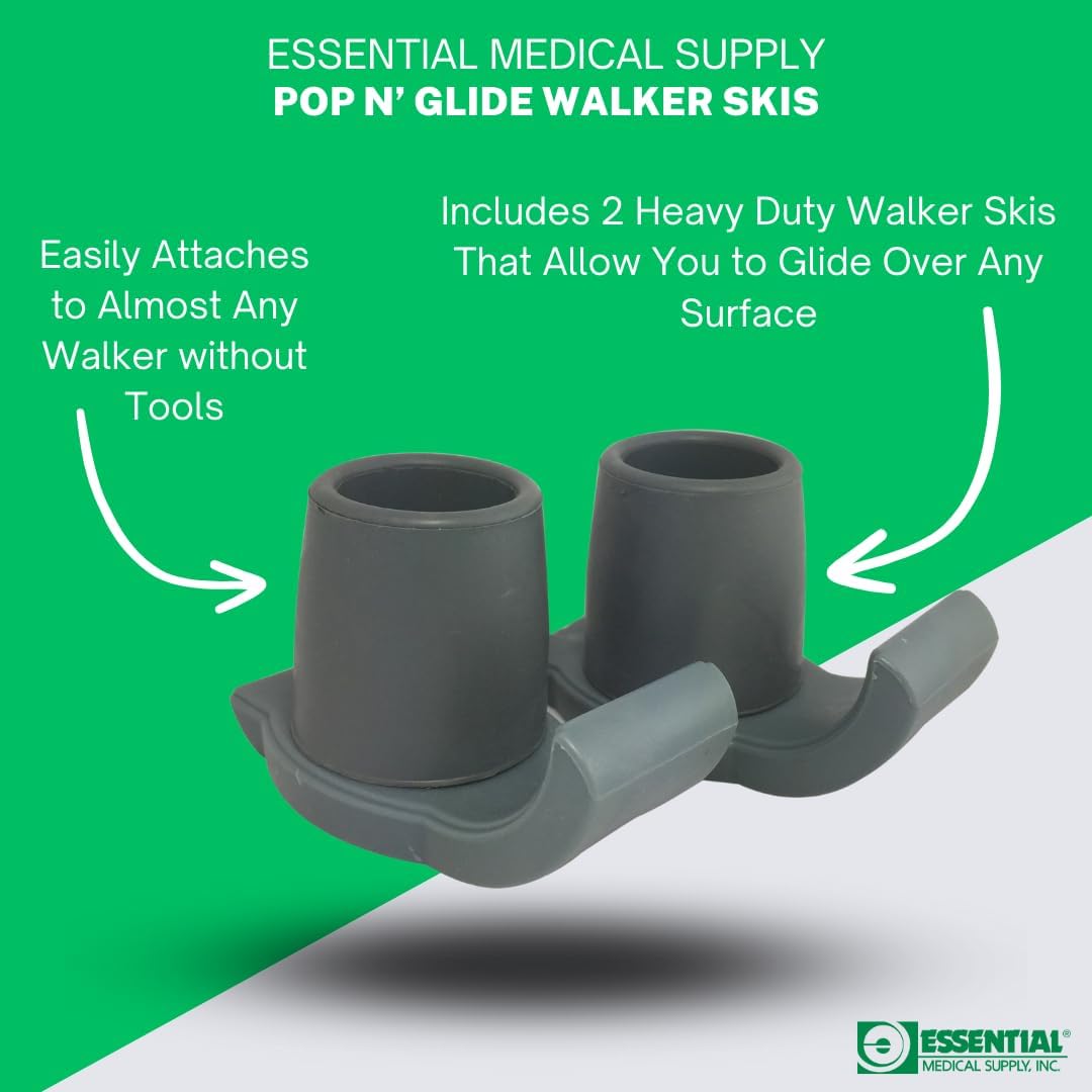 Essential Medical Supply Pop & Glide Easy Use Walker Ski Glides, 2 Pack - Universal Fit Walker Accessories in Gray