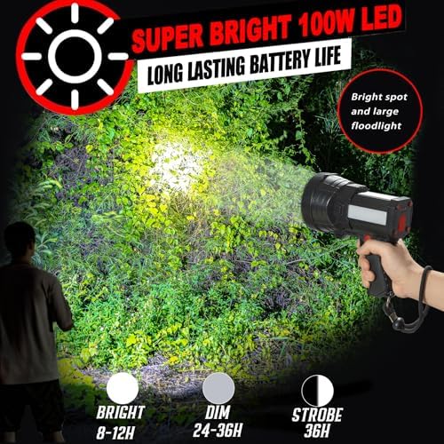 BIGSUN Q953 Rechargeable Spotlight,100000 High Lumen LED Flashlightv with COB Flood Light, Built-in 10,000 mAh Li-Ion Battery for Patrol, Working, Hunting, Red Lens and Tripod