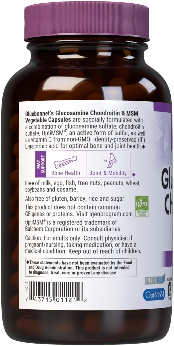 Bluebonnet Nutrition Glucosamine Chondroitin Plus MSM, Glucosamine, Chondroitin Sulfate, Vitamin C & OptiMSM, Bone & Joint Health, Non GMO, Gluten Free, Soy Free, Milk Free, 180 Vegetable Capsules | Bone & Joint Health; Non-GMO, Gluten-Free, Soy-Free, Da…
