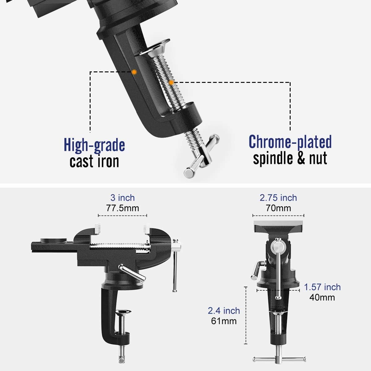 Housolution Universal Table Vise 3 Inch, 360°Swivel Base Bench Clamp