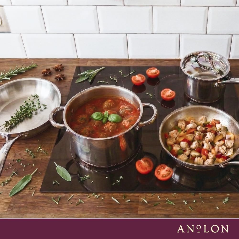 Anolon Nouvelle Stainless Steel Cookware Pots and Pans Set, 10 Piece | Stainless Steel Cookware Set with Lids, Oven Safe to 500°F, Durable Everyday Cooking, Dishwasher Safe