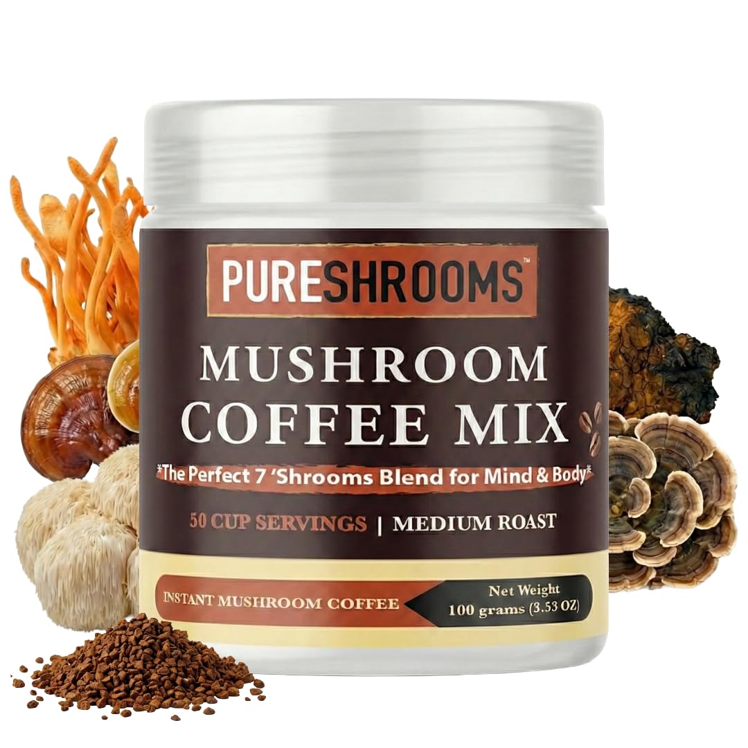 PureShrooms Mind & Body Mushroom Coffee - Instant Colombian Arabica with Organic Lion’s Mane, Reishi & Cordyceps - Low Acidity Nootropic Superfood Beverage for Focus & Vitality, 35 Servings/70g