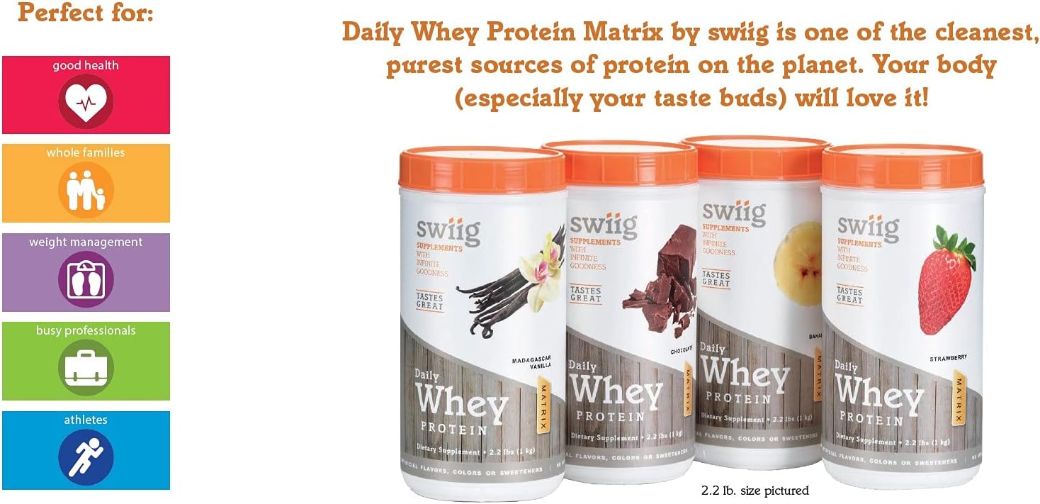 swiig Madagascar Vanilla Whey Protein Powder 20g Muscle Recovery 2.2 lb | Gluten-free, non-GMO daily nutrition supplement with digestive enzymes. Keto-friendly smoothie mix yields 35 servings.