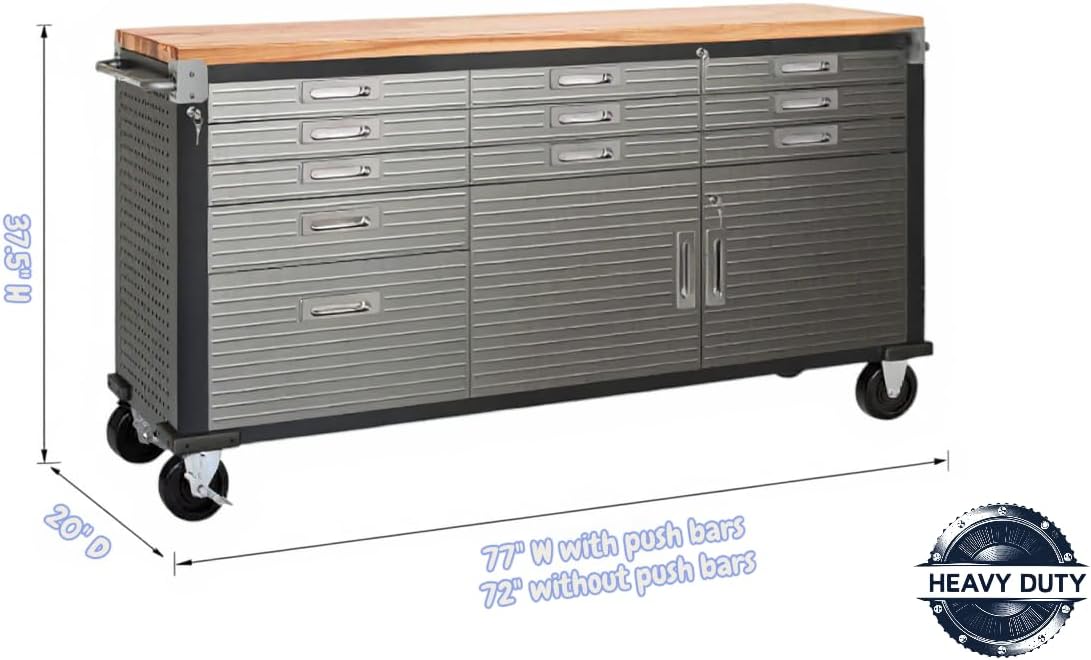 Heavy-Duty Rolling Workbench with Drawers and Cabinet, 77" W x 20" D x 37.5" H, (Red, 11 Drawer)