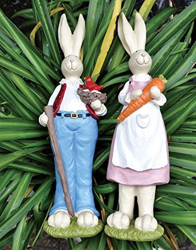 Easter Bunny Decorations Couple Rabbit Holding Bird Chutes and Carrot, Hand-Painted Crafts Statue