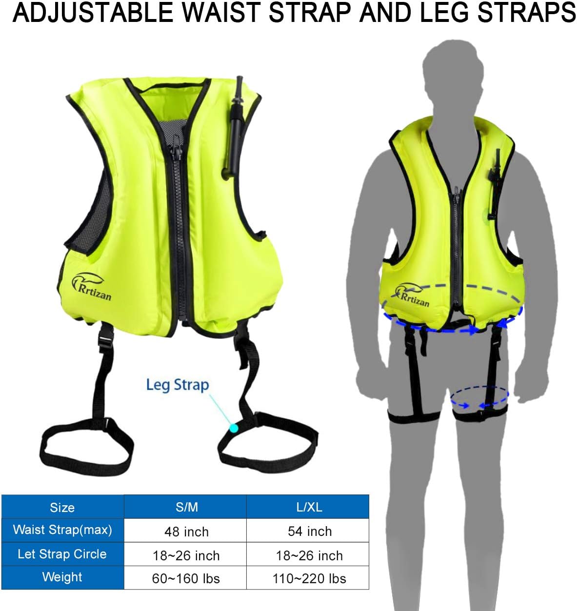 Rrtizan Inflatable Snorkel Vest for Adult, Travel Snorkeling Vest for Swimming, Snorkeling, Paddleboarding, Swim Vest Adult Suitable for 90-220lbs