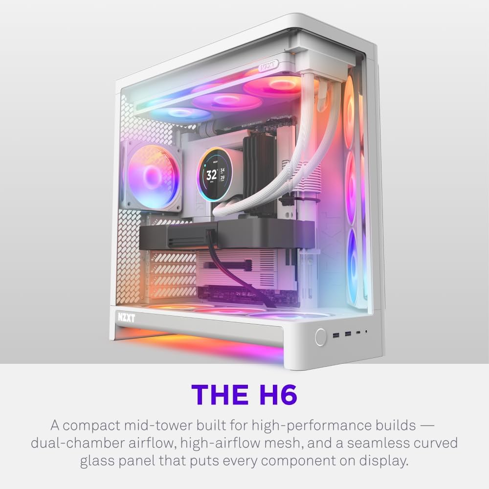 NZXT H6 - Compact Dual-Chamber ATX PC Case - White | Dual-chamber ATX case supporting up to 10 120mm fans and 360mm radiators, with back-connect motherboard compatibility.