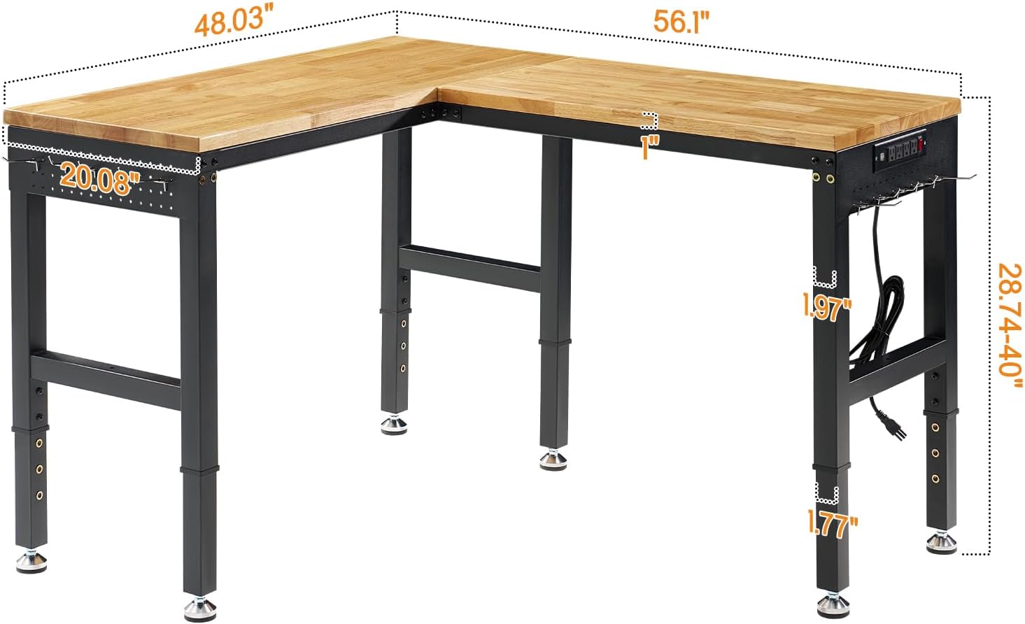 SPECRAFT Adjustable Black Heavy-Duty Workbench | 2000 Lbs Capacity, Rubber Wood Top, 4 AC Outlets and 2 USB Ports, for Garage, Workshop and Office