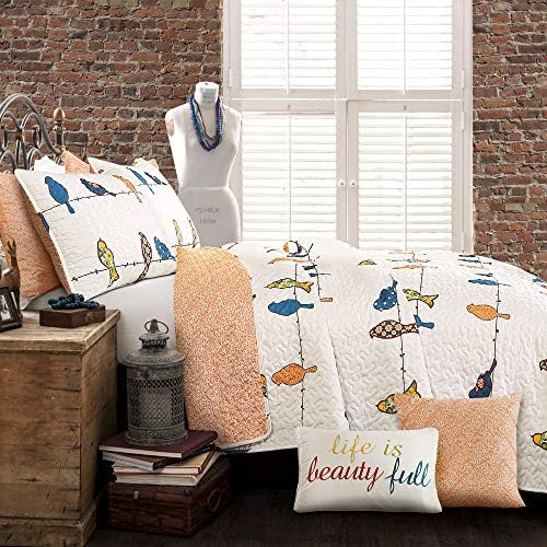 Lush Decor Rowley Birds Quilt Set, 7 Piece Set, Full/ Queen, Multi - Reversible Bird Bedding Set With Pillow Cases & Throw Pillows - Colorful