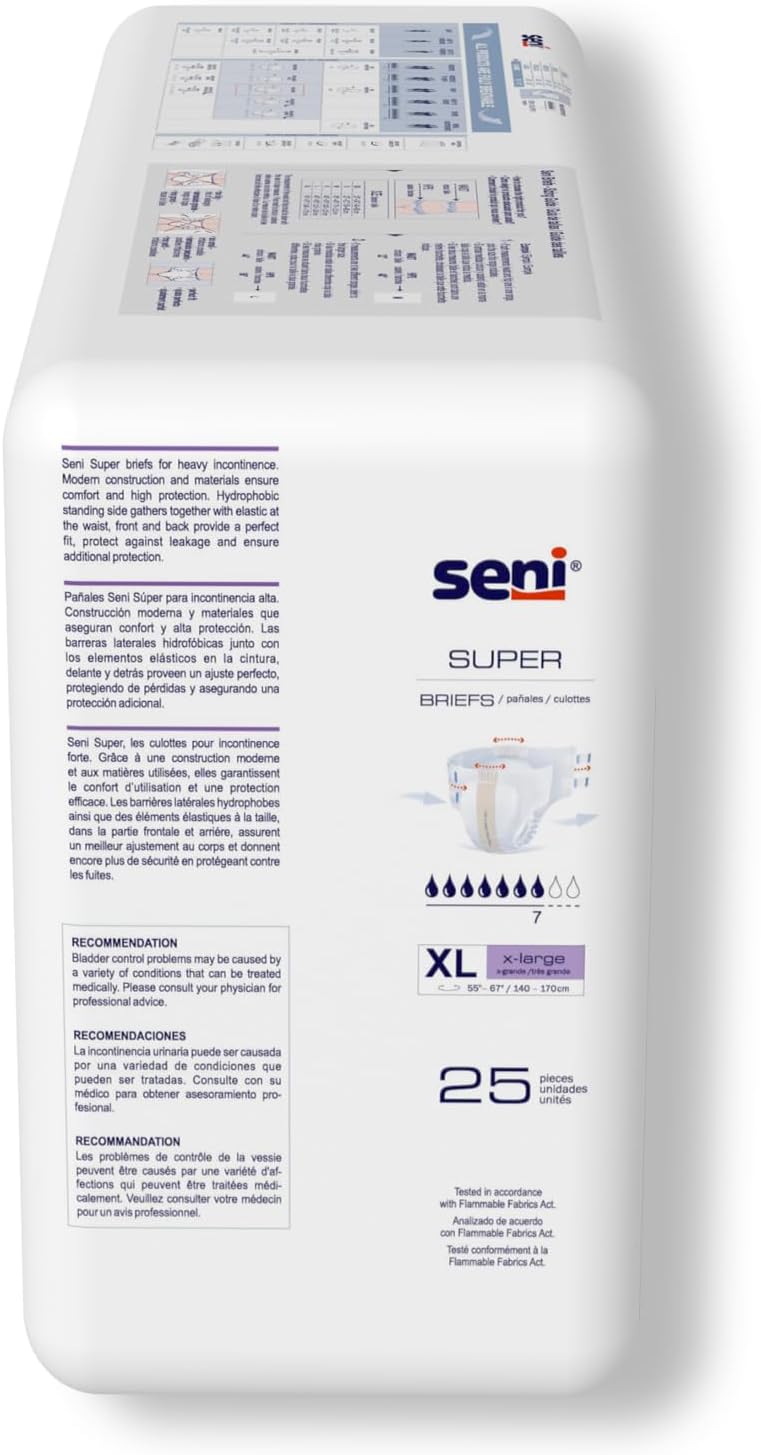 Seni Super Unisex Adult Incontinence Briefs with Tabs, 45-59 in, 75 ct | Breathable, Disposable Brief for Men & Women