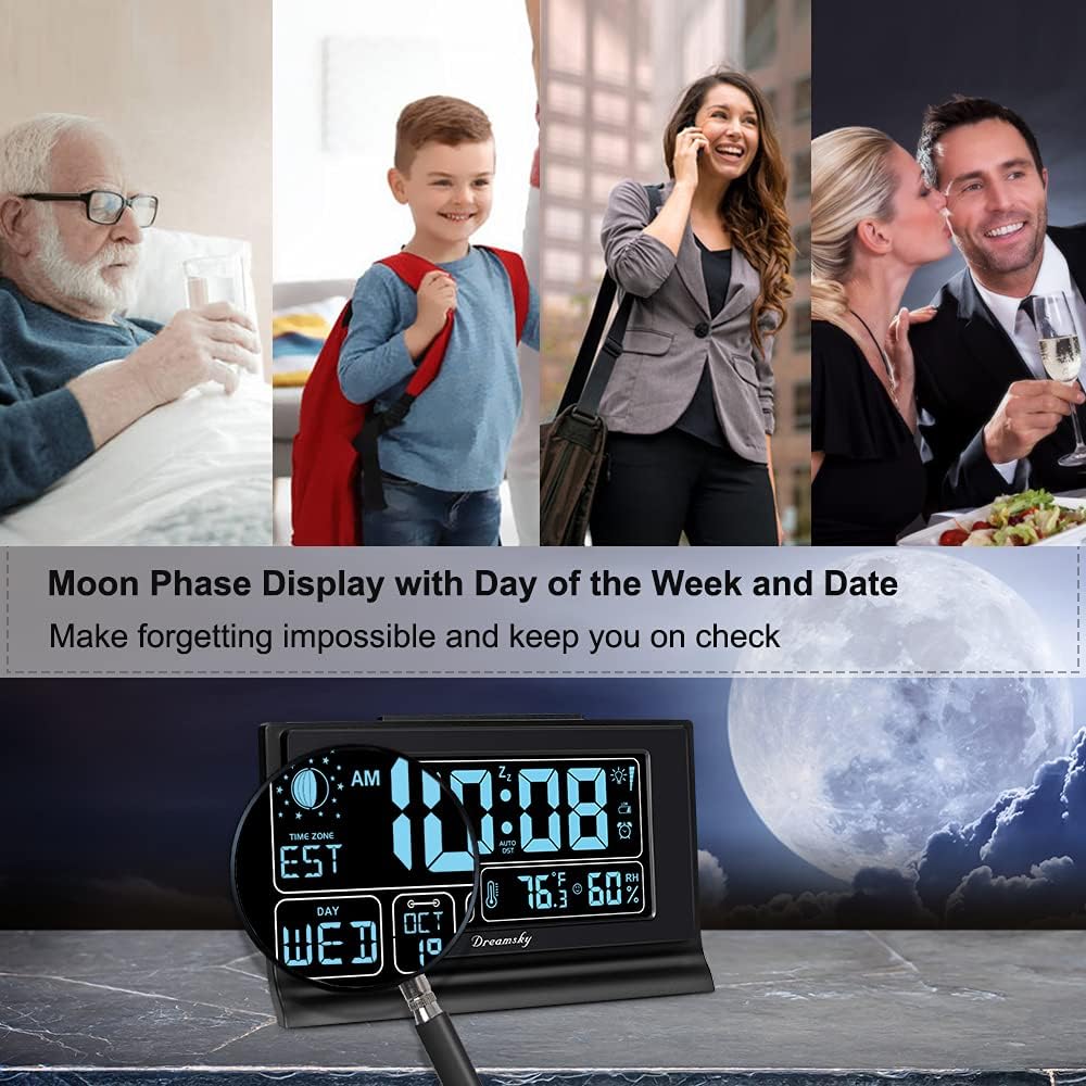 DreamSky Alarm Clocks for Bedrooms with Battery Backup, Auto Set | Digital Clock with Date & Day of Week, 5 Inch Large Display, Weekday, Temperature, USB Port, Auto DST, Brightness Dimmer