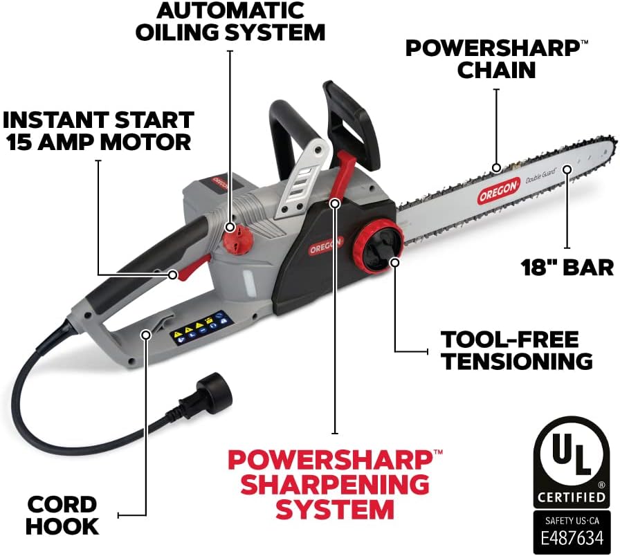 Oregon CS1500 Self-Sharpening Electric Chain Saw | Powerful, 15 Amp, Low Kickback, Self-Sharpening Integrated PowerSharp Chain, Automatic Oiler