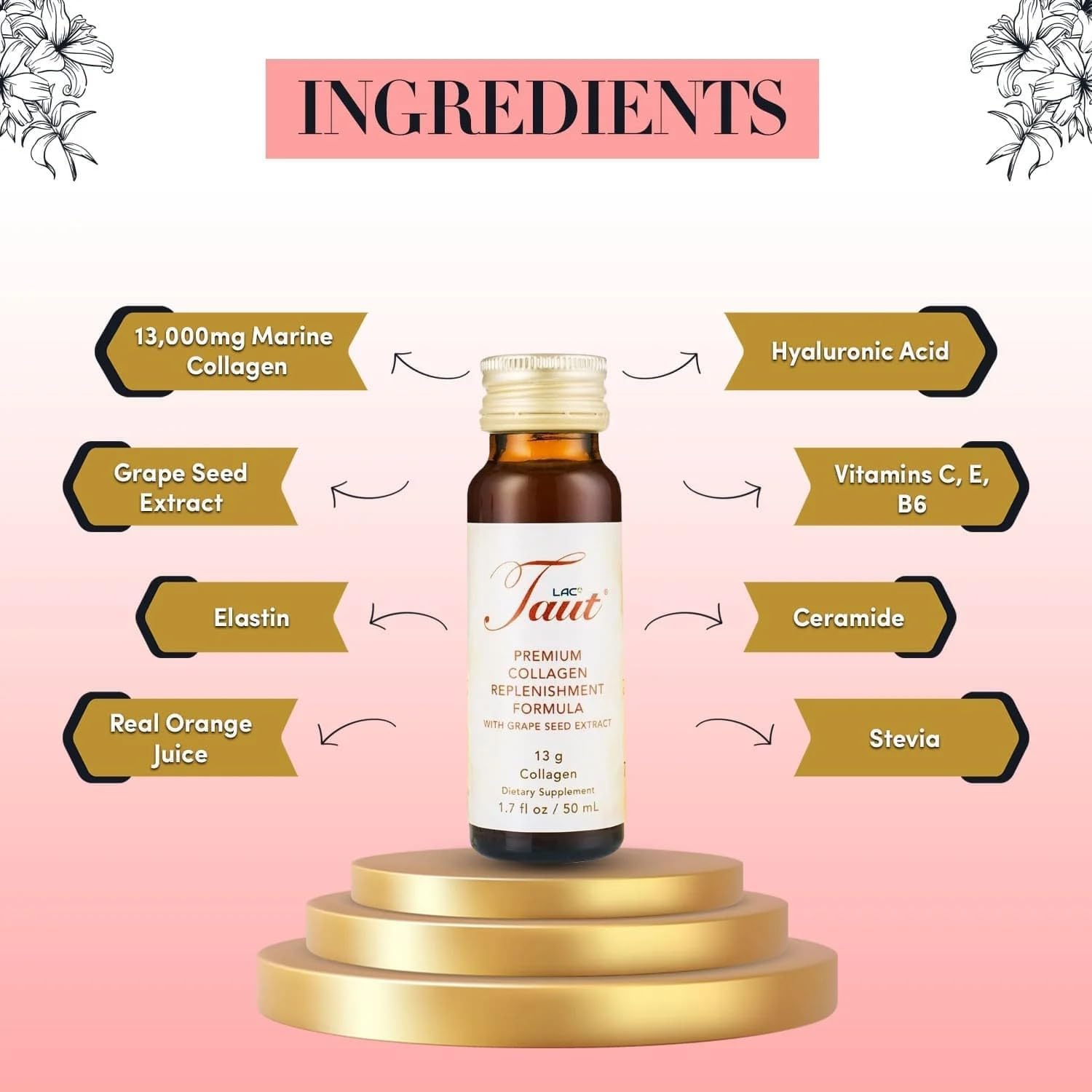 TAUT Liquid Collagen for Women – 13,000mg Marine Collagen Drink with Hyaluronic Acid, Grape Seed & Elastin – Visible Skin, Hair & Joint Support – 1 Box (8 Bottles Each)