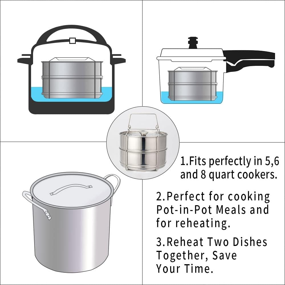 Stackable Steamer Insert Pans- Instant Pot Accessories 6 Qt-2 Silicone handle & Interchangeable Lids–Pressure Cooker Accessories- Pot in Pot for