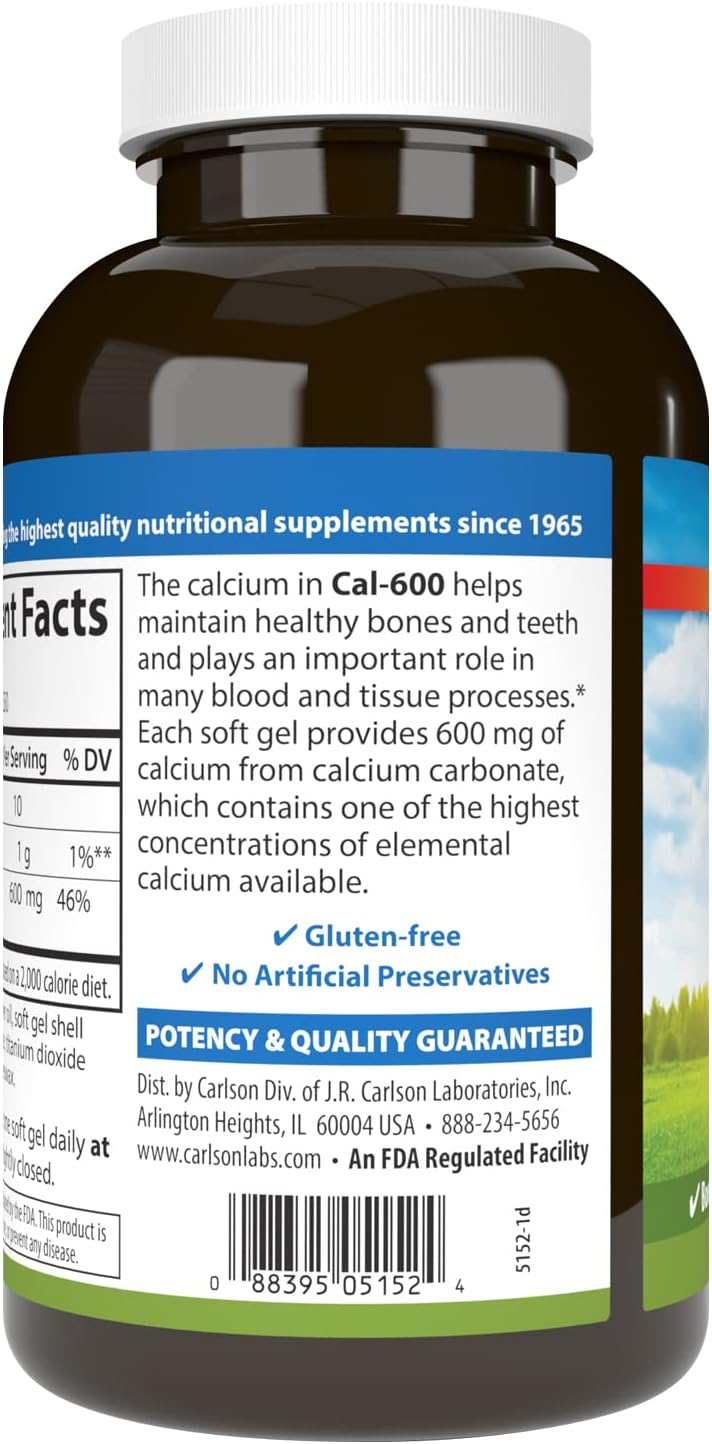Carlson Cal-600, 600 mg, Calcium, Liquid Filled, 100 Softgels | Bone Support; Healthy Teeth; Optimal Wellness