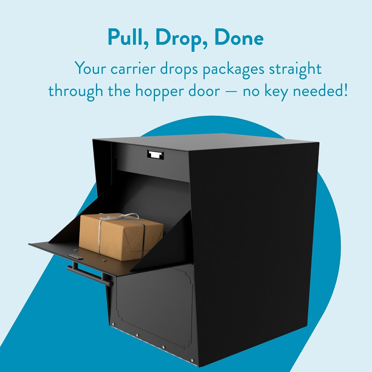 Architectural Mailboxes Oasis Galvanized Steel Package Drop Box, Black, XL | Rust-resistant parcel locker with a secure cam lock, an anti-theft hopper door, and a powder-coat finish.