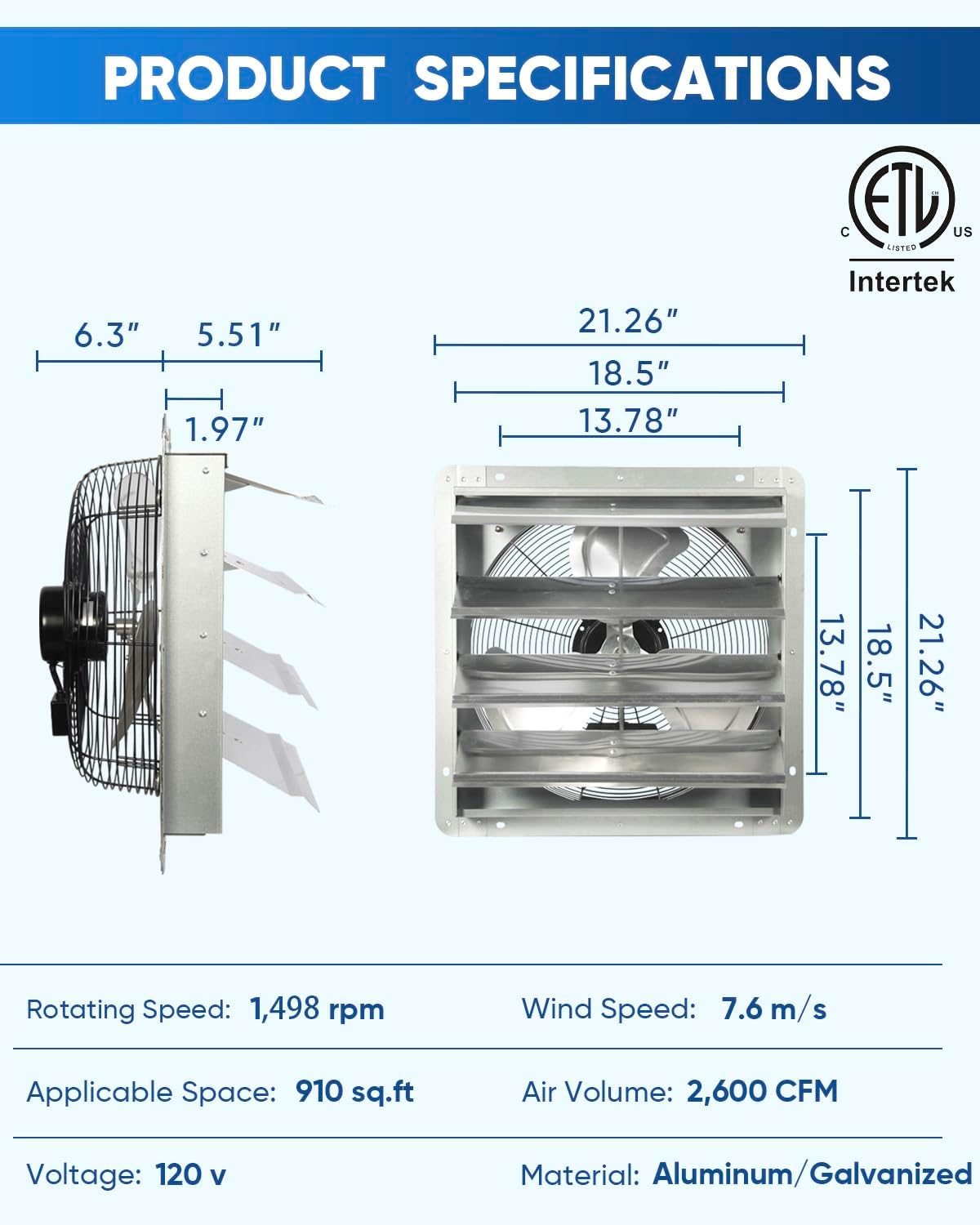 KEN BROWN 12 Inch Shutter Exhaust Fan Wall Mounted, Aluminum with 1.65 Meters Power Cord Kit, High Speed 1450CFM, Vent fan for Commercial, Greenhouse