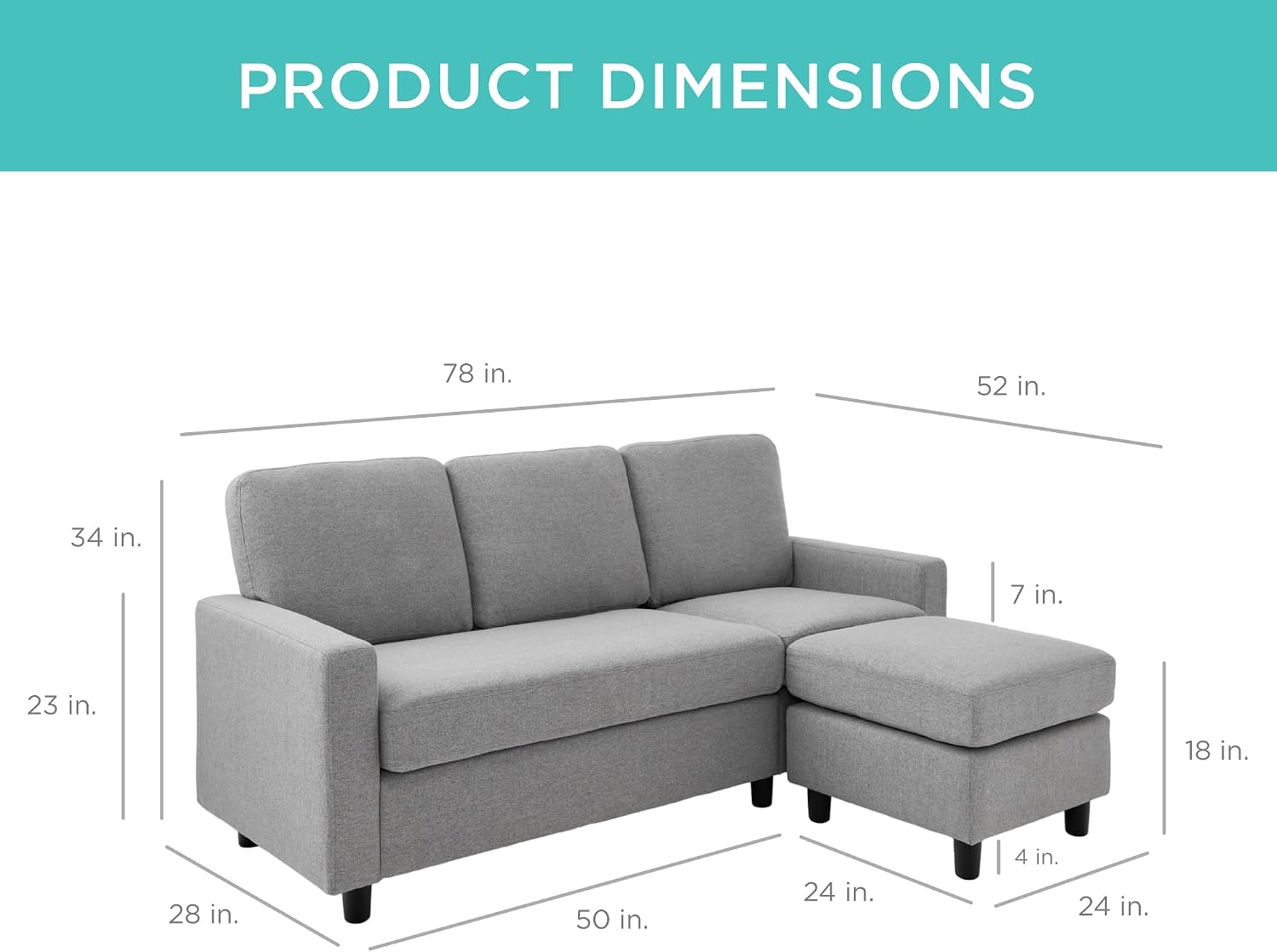 Best Choice Products Upholstered Sectional Sofa for Home, Apartment, Dorm, Bonus Room, Compact Spaces w/Chaise Lounge, 3-Seat, L-Shape Design
