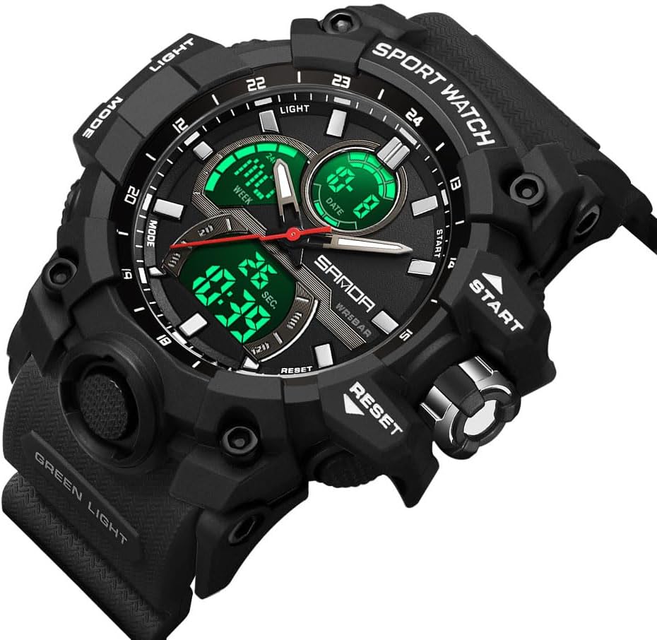 FANMIS Men Sports Outdoor Watch Analog Digital Multifunctional Black Watch | Black Sports Watch Casual Quartz Wristwatch Waterproof Military Wrist Watch Tactics LED Alarm Stopwatch Digital Watch for Men