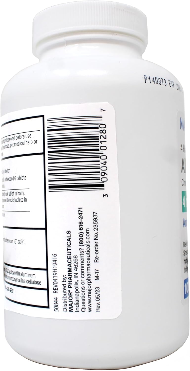 Major Allergy Tablets, Chlorpheniramine Maleate 4 mg, Antihistamine 4 Hour, 1000 Tablets