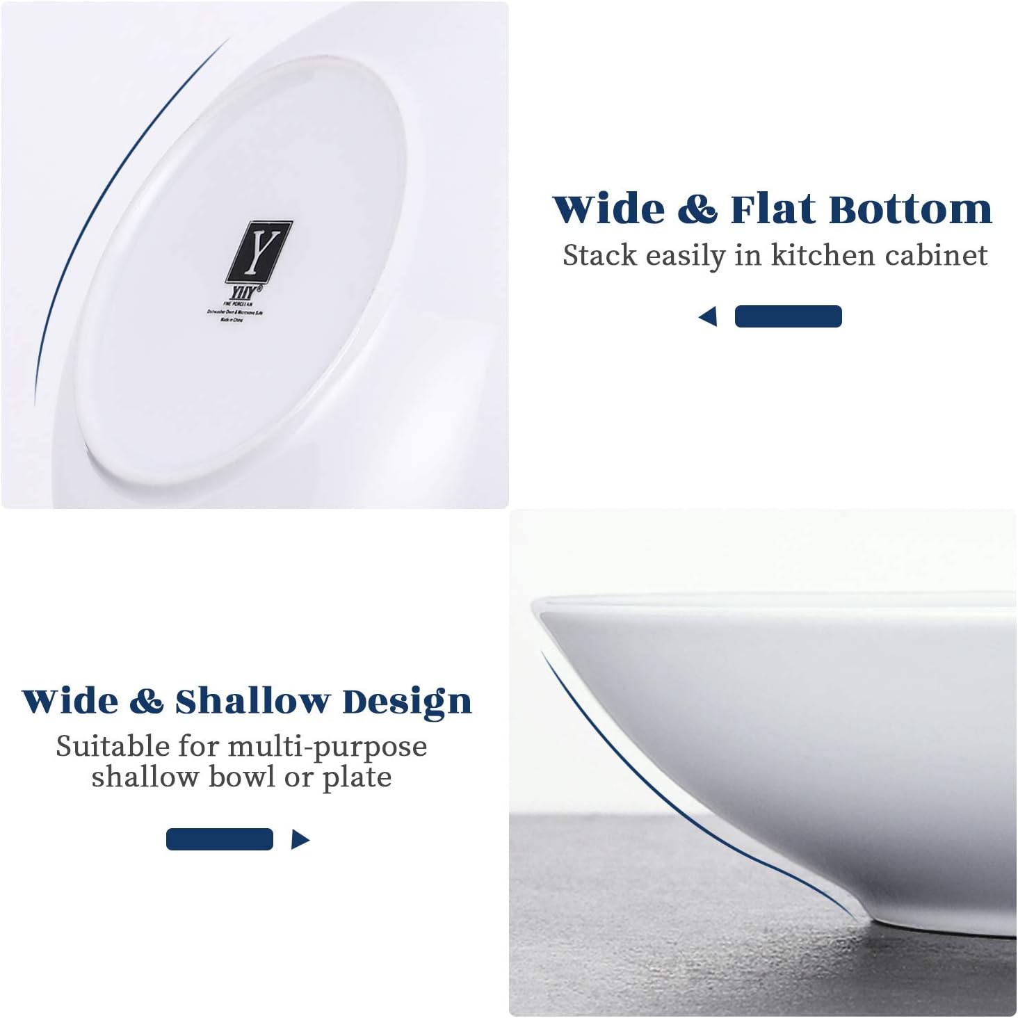 Y YHY 9" Pasta Bowls, 40oz Large Salad Bowls Set of 6, Wide Shallow Ceramic Bowls for Serving Soup, White Dinner Plates Set for Kitchen