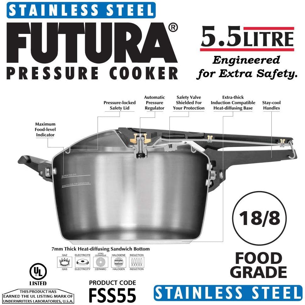 Hawkins Futura Inner Lid Pressure Cooker, Stainless Steel Cooker, Induction Cooker, Pan Cooker, Silver Fss55, 5.5 Liter