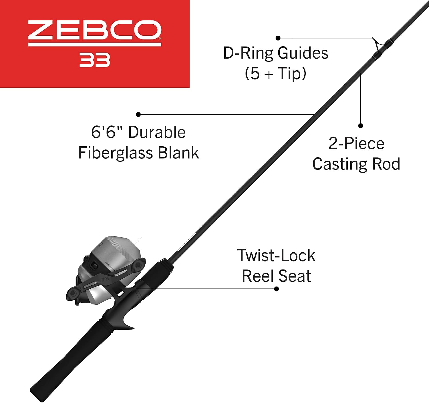 Zebco 33 Spincast Reel and Fishing Rod Combo, 6-Foot 2-Piece Fiberglass Rod with EVA Handle, Quickset Anti-Reverse Fishing Reel with Bite Alert