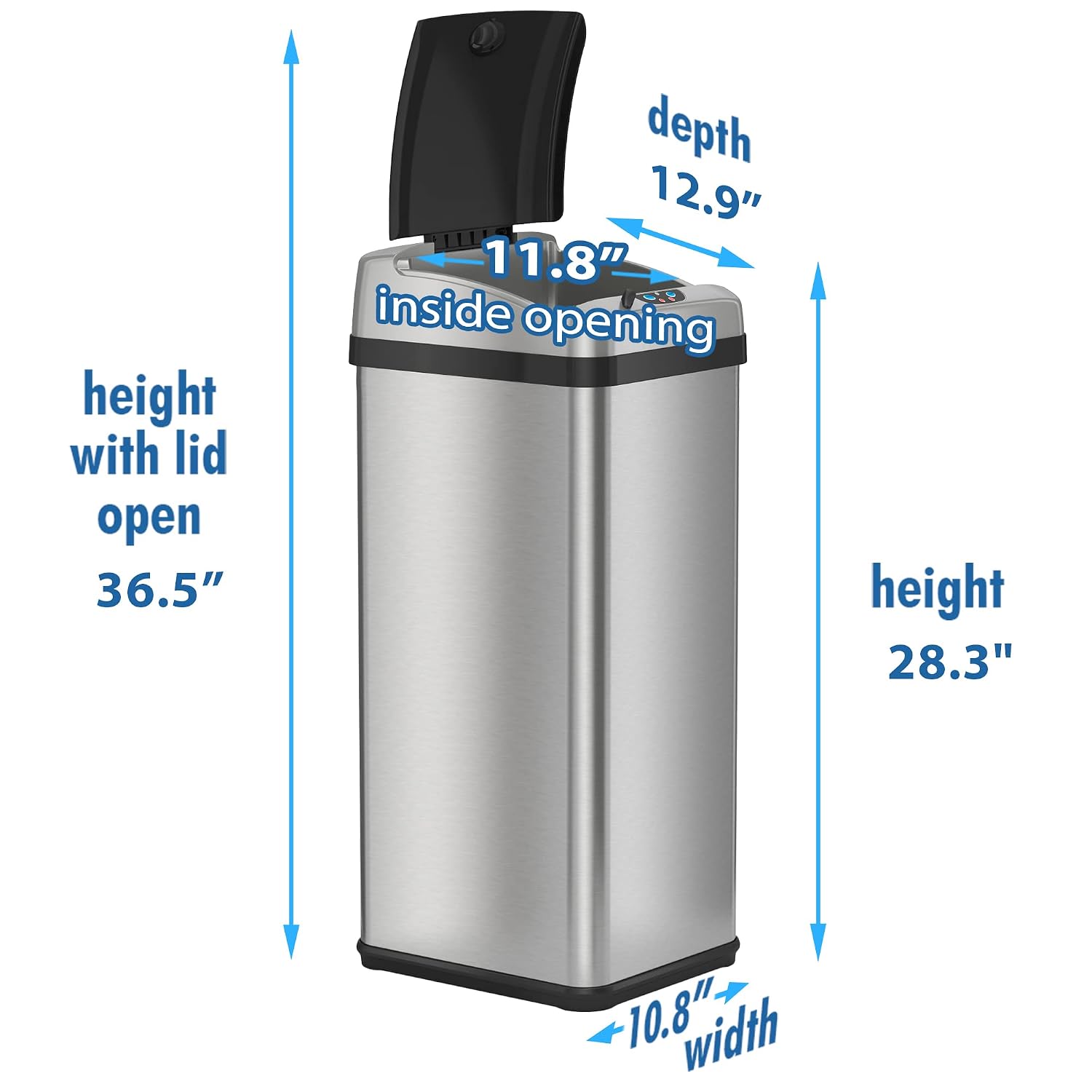 iTouchless Touchless Trash Can with AC Adapter, 3 Odor Filters Big Lid Opening Sensor Kitchen Garbage Bin, 13 Gallon, Stainless Steel, Platinum